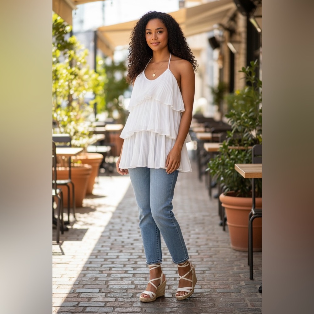 NWT Deep Self White Halter V-Neck Tiered Ruffle Dress - Women’s Small